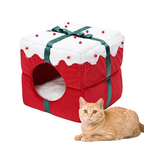 Katzenbett Weihnachten Hundebetten Winter Warme Katzenhöhle Mit Abnehmbarem Kissen, Weihnachts-Geschenkbox-Form Haustierbett Haustierhaus Für Welpen, Kätzchen von BIUDUI