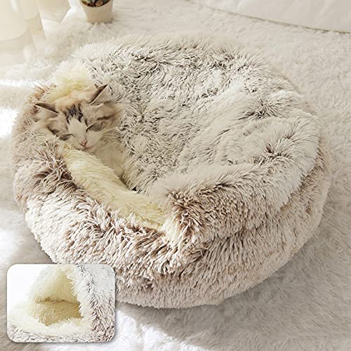 Hundebett Rund Plüsch Katze Warmes Bett Haus Weiches Langes Plüsch Haustier Hundebett Für Kleine Hunde Katzennest 2 In 1 Katzenbett Kissen Schlafen Sofa-Khaki Lange Plüsch,35CM von BJBLGMR