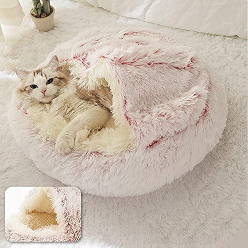 Hundebett Rund Plüsch Katze Warmes Bett Haus Weiches Langes Plüsch Haustier Hundebett Für Kleine Hunde Katzennest 2 In 1 Katzenbett Kissen Schlafen Sofa-Rosa Lange Plüsch,35CM von BJBLGMR