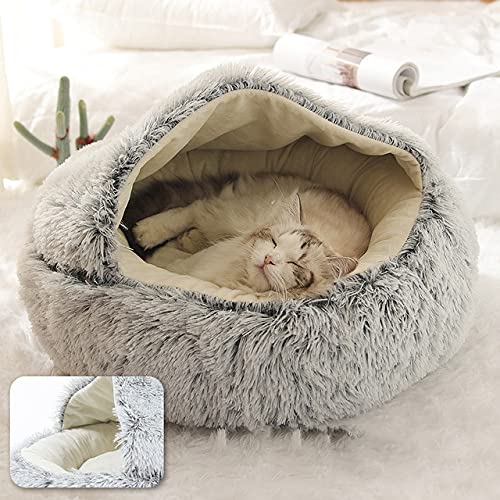 Hundebett Rund Plüsch Katze Warmes Bett Haus Weiches Langes Plüsch Haustier Hundebett Für Kleine Hunde Katzennest 2 In 1 Katzenbett Kissen Schlafsofa-Grau,35CM von BJBLGMR