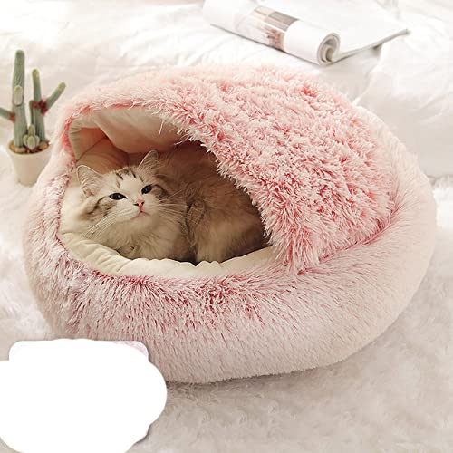 Hundebett Rund Plüsch Katze Warmes Bett Haus Weiches Langes Plüsch Haustier Hundebett Für Kleine Hunde Katzennest 2 In 1 Katzenbett Kissen Schlafsofa-Rosa,35CM von BJBLGMR