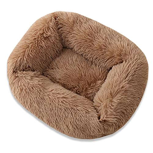 Plüsch Hundebetten Quadrat Super Weiches Hundebett Warme Plüsch Katzenmatte Hundematte Für Kleine Mittelgroße Hunde Welpenbett Haus Nest Kissen Heller Kaffee,S-55x45x20cm von BJBLGMR