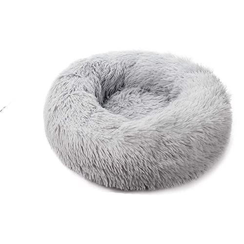 Runder Langer Plüsch Haustier Katzenbett Haus Weiches Sofakissen Winter Warmer Schlaf Reißverschluss Waschbare Hundebettmatte Nest Für Katzen Haustier Produkt-Reißverschluss Hellgrau,L-70cm von BJBLGMR