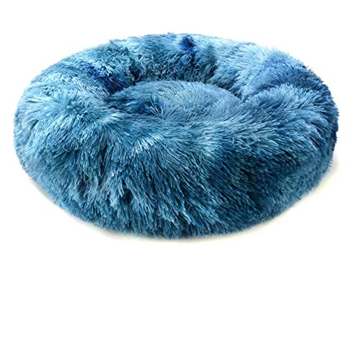 Runder Langer Plüsch-Haustier-Katzenbett-Haus-weiches Sofa-Kissen Winter-Warmer Schlaf-Reißverschluss waschbares Hundebett-Matten-Nest für Katzen-Haustier-Produkt-Regenbogen-Blau,L-70cm von BJBLGMR