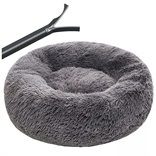 Rundes Plüsch Hundebett mit Reißverschluss Haus Hundematte Winter Warm Schlafendes Katzennest Weicher Langer Plüsch Hundekorb Haustier Kissen Tragbar-Dunkelgrauer Reißverschluss,L 60cm von BJBLGMR