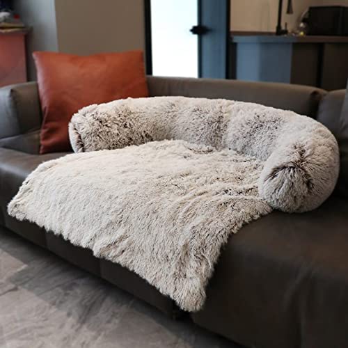 Winter-Hundeschlafsofa mit Reißverschluss Waschbare Katzenbetten Matten Haustierbett für große Hunde Plüsch Zwinger Abnehmbarer Bezug für Hundebetten-Rasiert Kaffee,M 105x95x15cm von BJBLGMR