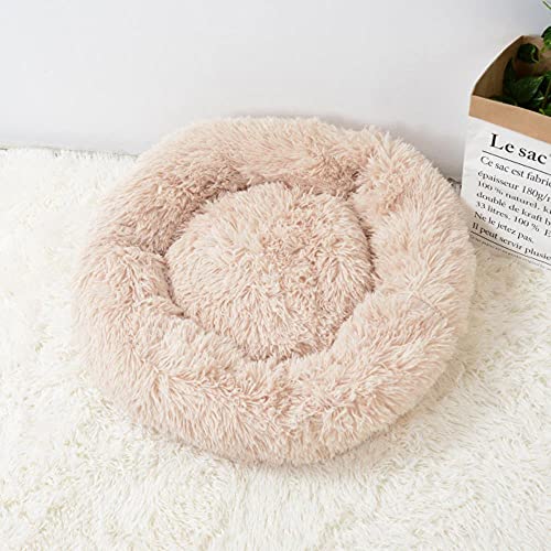 BJKHU 14 Farben Super Weiches Katzenbett Runder Flauschiger Katzenschlafkorb Lange Plüsch Warme Haustiermatte Niedlich Leichte Bequeme Berührung Zwinger-Beige,50cm von BJKHU