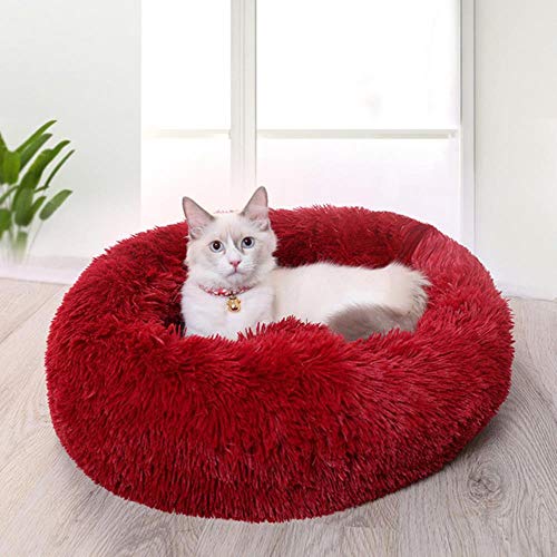 BJKHU Hundebett Zwinger Runde Katze Winter Warm Hundehütte Schlafsack Lange Plüsch Super Weiches Haustierbett Welpen Kissen Matte Katzenbedarf-Rotwein,50cm von BJKHU