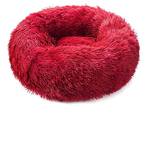 BJKHU Runder Plüsch Katzenbett Haus Katzenmatte Winter Warmer Schlaf Katzennest Weiches Langes Plüsch Hundebett Haustier Kissen Für Katzen Hund Reißverschluss Waschbar-Rot,M-60cm von BJKHU