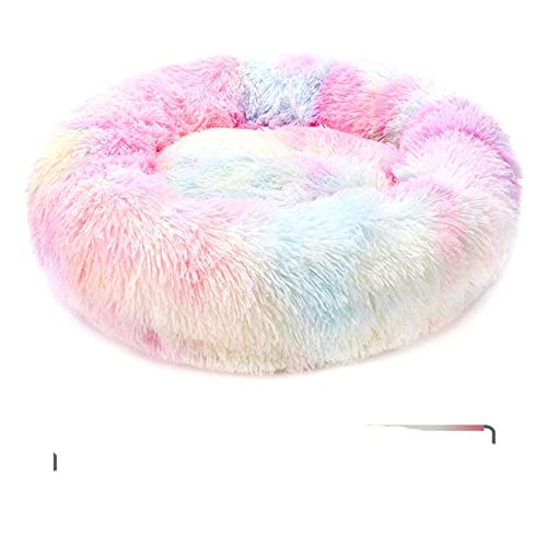 BJKHU Runder Plüsch Katzenbett Haus Katzenmatte Winter Warmer Schlaf Katzennest Weiches langes Plüsch Hundebett Haustier Kissen Für Katzen Hund Reißverschluss Waschbar-Regenbogen,L-70cm von BJKHU