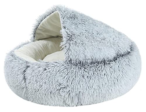 BJKHU Winter 2 In 1 Katzenbett rund warmes Haustierbett House Long Plüsch Hundebett Warmer Schlafsack Sofa Kissen Nest für kleine Hunde Katzen Kätzchen-Grau,50cm,China von BJKHU