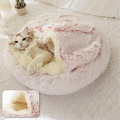 Haustier Hund Katzenbett Runde Plüsch Katze Warmes Bett Haus Weiches Langes Plüschbett Für Kleine Hunde Für Katzen Nest 2 In 1 Katzenbett-Rosa Langes Plüschtier,35x35cm von BJKHU