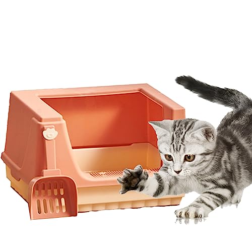 BLSYHDH Katzentoilette mit Streuschaufel, Halb Geschlossener, Erhöhter Zaun, Verhindert Auslaufen, Große Katzentoilette, Kätzchentoilette, Anti-Ing-Katzentöpfchen für Kleine,(S-Orange Rot) von BLSYHDH