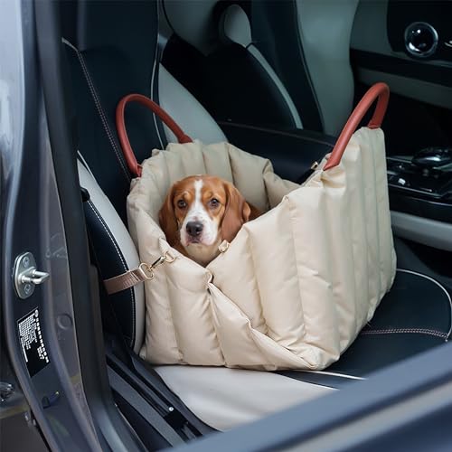BNCKTRD Hunde Autositz für Kleine Hunde unter 18 kg 2 in 1 Hundeautositz Stabiler Hunde Sitzerhöhung mit Sicherheitsgurten für Haustiere Beige von BNCKTRD