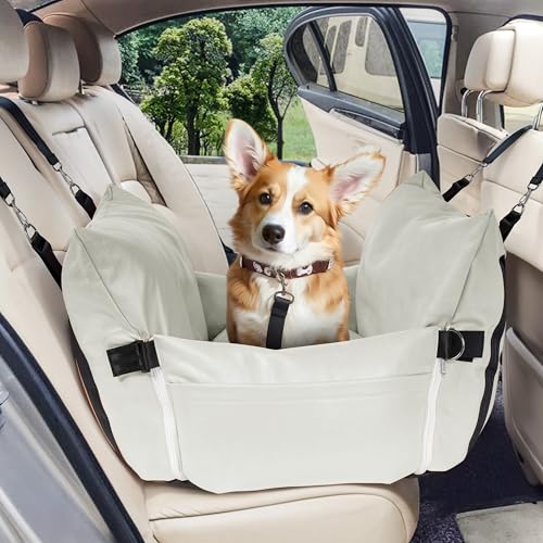 BNCKTRD Leder Vielseitig Hunde Autositz für Mittlere Hunde unter 27 kg, Autositz mit Sitzerhöhung für Hunde, Reisebett für Haustiere mit Aufbewahrungstaschen, Beige 76 x 52 x 40 cm von BNCKTRD