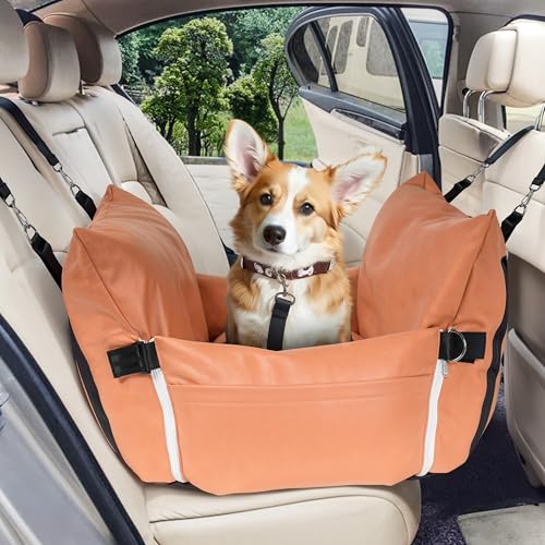 BNCKTRD Leder Vielseitig Hunde Autositz für Mittlere Hunde unter 27 kg, Autositz mit Sitzerhöhung für Hunde, Reisebett für Haustiere mit Aufbewahrungstaschen, Orangefarben, 76 x 52 x 40 cm von BNCKTRD