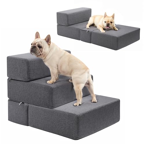 BNCKTRD Schaumstoff 3 Stufen Hundetreppen für Kleine Hunde 45cm Hoch, Hunderampen für ältere Katzen, Extra Breite Klappbare Hunde Treppehaustiertreppe für Bett/Couch mit Rutschfester Unterseite, Grau von BNCKTRD