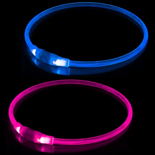 2 Stück LED Hundehalsband, USB Wiederaufladbares Blinkhalsband für die Sicherheit bei Nacht, Verstellbares, Wasserdichtes, Hell Beleuchtetes Halsband für Hunde - Eine Grösse passt Allen, Blau + Rosa von BNGGOGO