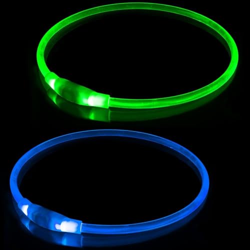 2 Stück LED Hundehalsband, USB Wiederaufladbares Blinkhalsband für die Sicherheit bei Nacht, Verstellbares, Wasserdichtes, Hell Beleuchtetes Halsband für Hunde - Eine Grösse passt Allen, Grün + Blau von BNGGOGO