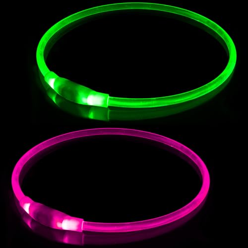 2 Stück LED Hundehalsband, USB Wiederaufladbares Blinkhalsband für die Sicherheit bei Nacht, Verstellbares, Wasserdichtes, Hell Beleuchtetes Halsband für Hunde - Eine Grösse passt Allen, Grün + Rosa von BNGGOGO