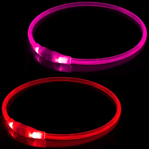 2 Stück LED Hundehalsband, USB Wiederaufladbares Blinkhalsband für die Sicherheit bei Nacht, Verstellbares, Wasserdichtes, Hell Beleuchtetes Halsband für Hunde - Eine Grösse passt Allen, Rosa + Rot von BNGGOGO