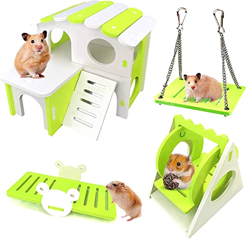 BNGGOGO 4-teiliges Hamster-Spielzeug-Set, Zwerghamsterhaus, DIY-Holzimitiertes Rennmäuse-Versteck, Schaukel und Wippe, syrischer Hamsterkäfig, Zubehör für kleine Tiere (grün) von BNGGOGO