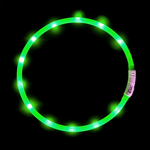 LED-Hundehalsband, wiederaufladbar über USB, blinkend, Sicherheitshalsband, weiches Silikon, wasserdicht, längenverstellbar, Haustier-Halskette mit 3 Blinkmodi, Grün von BNGGOGO