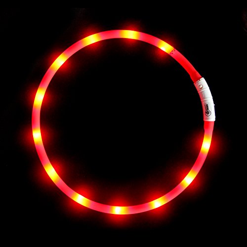 LED-Hundehalsband, wiederaufladbar über USB, blinkend, Sicherheitshalsband, weiches Silikon, wasserdicht, längenverstellbar, Haustier-Halskette mit 3 Blinkmodi, Rot von BNGGOGO