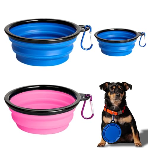 BNGXR Faltbarer Hundenapf, 3 Stück Faltbare Reiseschale, Tragbarer Hund Futternapf, Silikon Auslaufsicher Trinknapf mit Karabiner, für Katzen, Hunde für Wasser und Futter((1000ml+350ml Blau und Rosa) von BNGXR