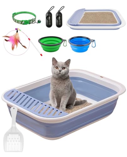 BNOSDM 8-teiliges faltbares Kätzchentoiletten-Set mit niedrigem Einstieg für Reisen, kleine Katzentoiletten für Katzen, faltbare Katzentoilette, Spritzschutz, offene kleine Pfanne für Katzenstreu für von BNOSDM