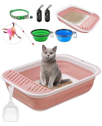 BNOSDM Faltbare Katzentoilette, klein, für Reisen, Starter-Set, niedriger Einstieg für Katzen, faltbare Katzentoilette, Spritzschutz, offene kleine Pfanne für Katzenstreu für Anfänger, Rosa, 8 Stück von BNOSDM