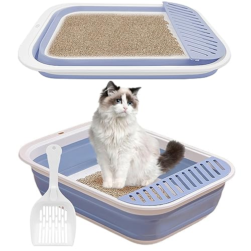 BNOSDM Katzentoilette für ältere Katzen, niedriger Einstieg, Kätzchen, Reise-Klo mit Schaufel, offen, zusammenklappbar, flach, Töpfchen, Pfanne, faltbar, Haustiertoilette für kranke, behinderte ältere von BNOSDM