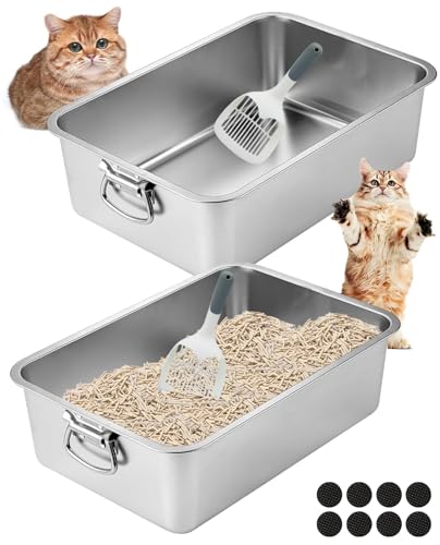 BNOSDM Katzentoilette aus Edelstahl mit Griffen, offene Metall-Katzentoilette mit Schaufel, rostfrei, glatt, Katzentoiletten-Set für Katzen, Kätzchen, 2 Stück von BNOSDM