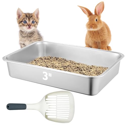 BNOSDM Große Kaninchentoilette aus Edelstahl, Kaninchentoilette, offene Haustiertoilette, Tiertoilette mit rutschfesten Fußmatten für Kaninchen, kleine Katzen, Kätzchen (40,6 x 30,5 x 7,6 cm) von BNOSDM