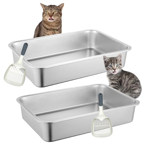 BNOSDM Katzentoilette aus Edelstahl, 2 Stück, Katzentoilette für Kätzchen, Haustier-Toilettenboxen aus Metall mit rutschfesten Fußmatten und Streuschaufel, leicht zu reinigen (18 x 14 x 4) von BNOSDM