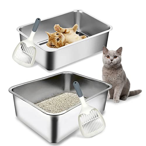 BNOSDM Katzentoilette aus Edelstahl, glatte Katzentoilette für Katzen und Kaninchen, Metall, hohe Seiten, leicht zu reinigen, 45 cm L x 35,1 cm B x 15 cm H, 2 Stück von BNOSDM