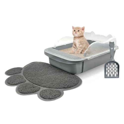 BNOSDM Katzentoilette mit Anti-Rutsch-Matte und Schaufel, Siebung, offene Katzentoilette, hohe Wand, Katzentoilette, halbgeschlossene, abnehmbare Katzentoilette, für Kätzchen, kleine Katzen, Grau von BNOSDM