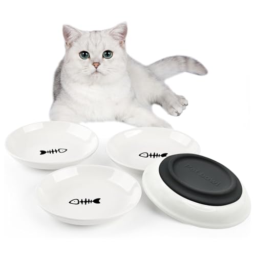 BNOSDM Katzenfutterteller – Keramik-Schalen mit Schnurrhaar, Müdigkeit, Katzennäpfe mit rutschfester Silikonunterseite, flach, breit, Haustier-Trocken-/Nassfutterschalen für Kätzchen, Katzen, Welpen von BNOSDM