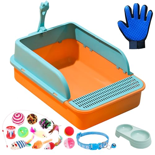 BNOSDM Sifting Litter Box Open Small Cat Litter Boxes with 16 Piece Kitten Starter Kit, Detachable Kitty Toilet Litter Tray Pan with High Sides for Kitten Starter, Orange von BNOSDM