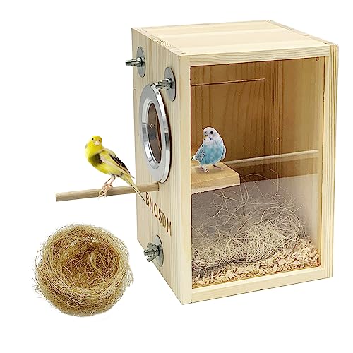 BNOSDM Kleiner Sittich-Nistkasten, transparente Vogelzucht-Nistkästen, Naturholz, Vogelkäfighaus mit Kokosfaser für kleine Sittiche, Finken, Papageien, Kanarienvögel von BNOSDM