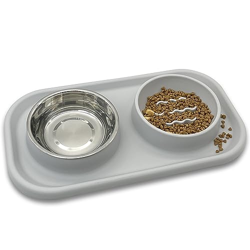 BNOSDM Doppel Hundenäpfe - Silikon Slow Feeder mit Faltbarer Futtermatte - Edelstahl Hund Futter und Wassernapf Set, Pet Feeder Dish für Kleine Hunde, Katze Welpe (Grau) von BNOSDM