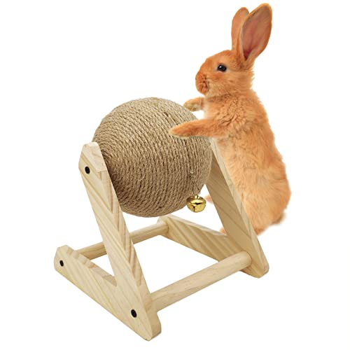 BNOSDM Kaninchen Kratzball Sisal Bunny Kratzspielzeug Holz Haustier Kratzbaum Ständer mit Ball für Indoor Kaninchen Hase, Kätzchen und Kleintiere von BNOSDM