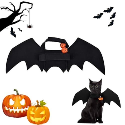 1 Stück Katze Bat Wings Kostüm mit 2Pcs Pumpkin Bell, Haustier Fledermausflügel, Halloween Hund kostüm, Halloween Katze Kleidung, Haustier Fledermaus Kostüm, Haustierkostüm Fledermausflügel von BNOYONERAS