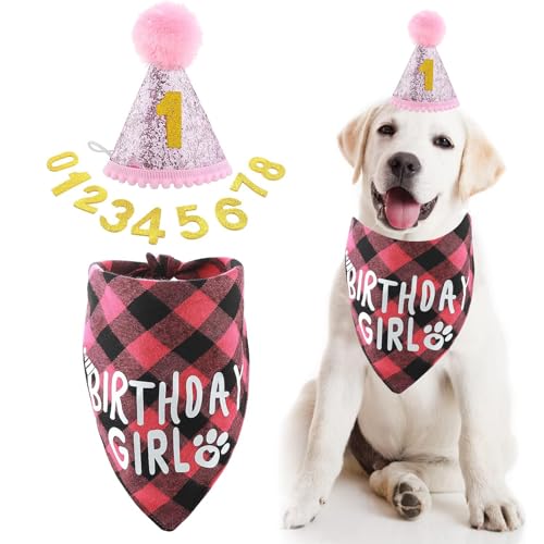 3 Stücke Hund Geburtstag Bandana Set mit 8 Bling Nummern Hunde-Geburtstagsparty-Zubehör Hunde Geburtstags Bandana Mütze Hund Geburtstag Party Set Hundegeburtstagsparty für Welpenkatzenhaustie (Rosa) von BNOYONERAS