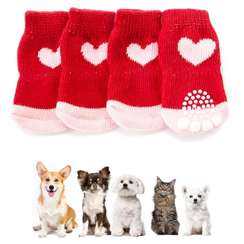 4 Stück rutschfeste Hundesocken, Weihnachts-Hundesocken, rutschfeste Strick-Hundesocken, Haustierpfotenschutz, Welpen, Katze, Socken mit Gummiverstärkung, Weihnachtssocken für Haustiere im von BNOYONERAS