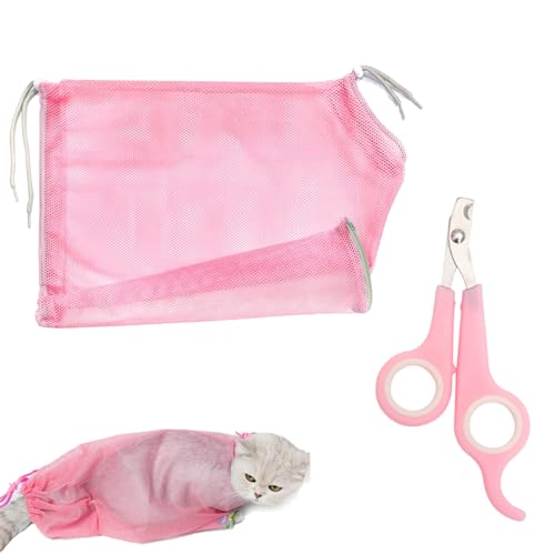 Verstellbare Katzenbadetasche, Katzen-Duschnetztasche, Haustier-Nagelknipser, Katzennagelknipser, Katzenpflegetasche zum Baden von Katzen, Set Katzenbadetasche und Haustier-Nagelschere, kleine von BNOYONERAS