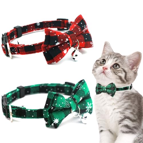 Weihnachtliches Katzenhalsband mit Schleifenglocken, Weihnachts-Schneeflocken-Karo-Haustier-Halsbänder, Schnellverschluss-Sicherheitsschnalle, Halsbänder für Hunde, Katzen, Kätzchen, Welpenzubehör, von BNOYONERAS