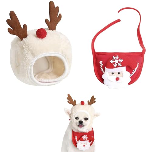 Weihnachtsmützen-Lätzchen-Set für Hunde und Katzen, Weihnachtsmütze, Weihnachtsmütze, Speicheltuch, Lätzchen für kleine, mittelgroße Katzen, Hunde, Welpen, Kätzchen, Weihnachten, Party, Neujahr, von BNOYONERAS