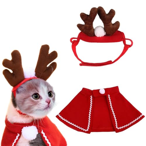 Weihnachtsoutfit für Hunde und Katzen, Haustier-Weihnachtskostüm, Haustierumhang und Geweih-Kopfbedeckung, Weihnachtskostüm für Hund Katze Geschenk, süßes Outfit für Weihnachten, Welpen, Katzen, von BNOYONERAS