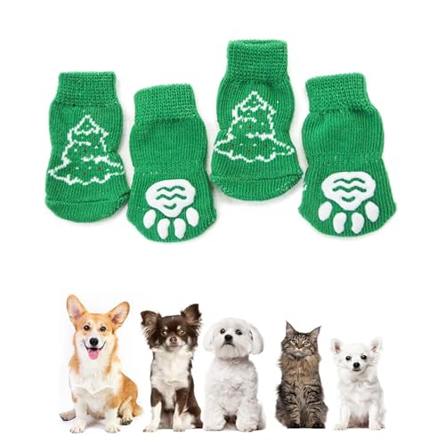 Weihnachtssocken für Hunde, rutschfest, gestrickt, Hundesocken, Haustierpfotenschutz, Welpen, Katze, Socken mit Gummiverstärkung, Weihnachtssocken für Haustiere, drinnen und draußen, Weihnachtsbaum, 4 von BNOYONERAS